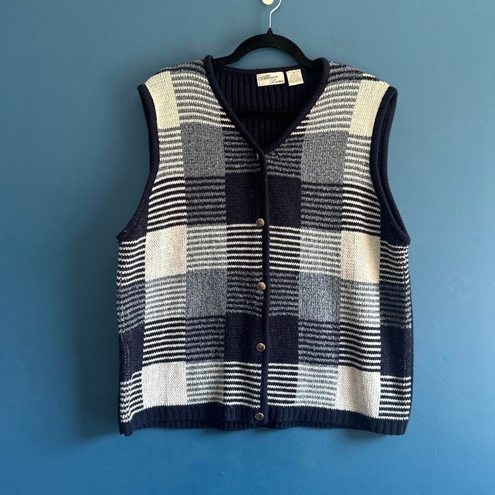 Vintage Plaid Sweater Vest Women's Plus Size 1X Blue Allison Lane Retro Navy